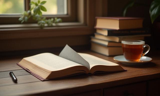 本を手にする作家の机と文学書