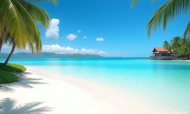 沖縄の美しいビーチと伝統的な家屋